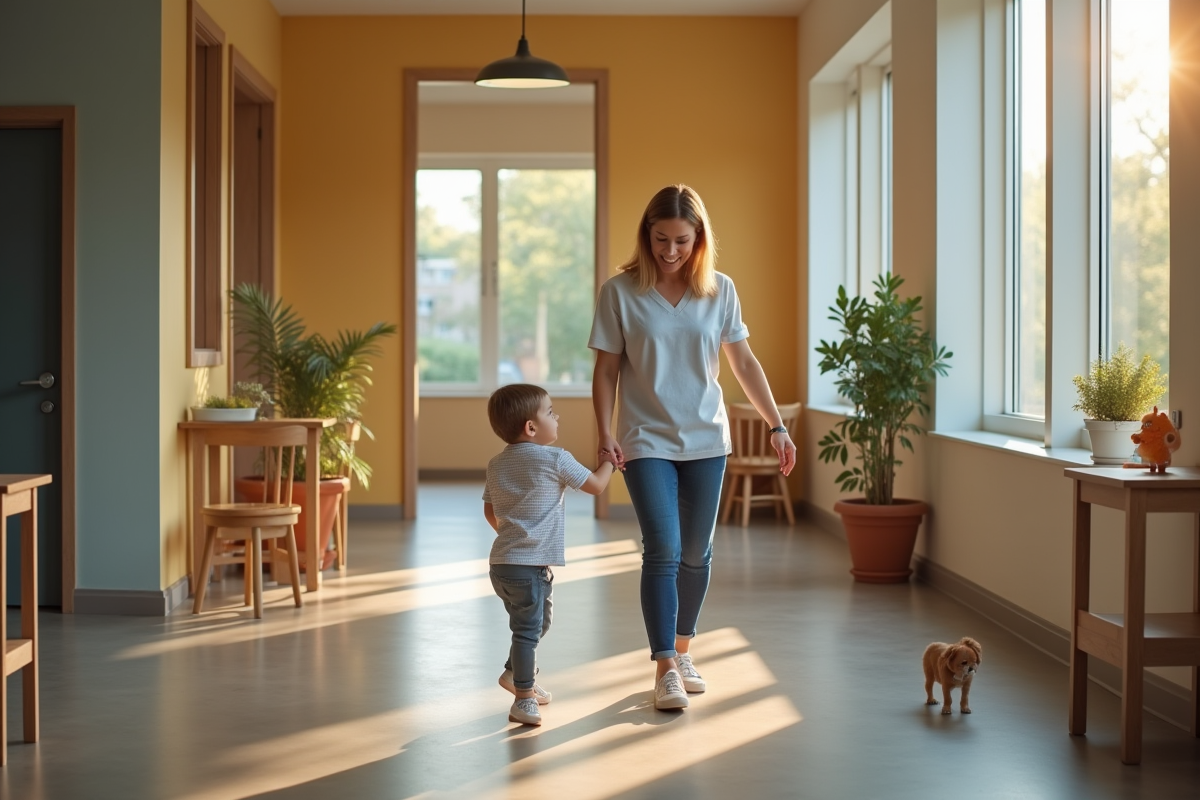 Assistante accueillant chaleureusement un enfant à la crèche