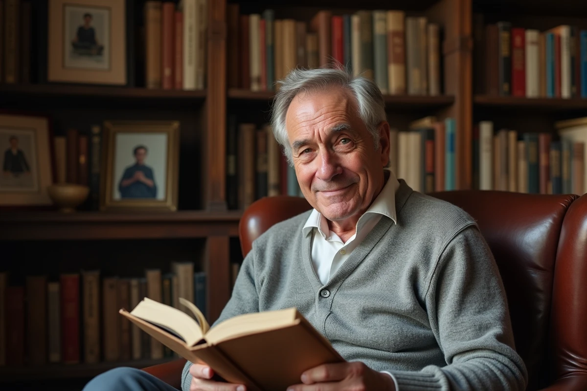 Acteur français d'âge mûr dans sa bibliothèque personnelle, entouré de livres et d'une atmosphère familiale et intime