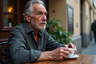 Portrait d'un acteur français mature assis à une terrasse de café parisienne, expression pensive et regard lointain