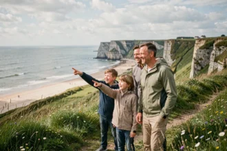 Famille heureuse explorant le littoral normand avec des enfants lors de vacances en famille