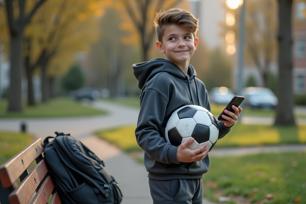 Adolescent avec ballon de football dans un parc