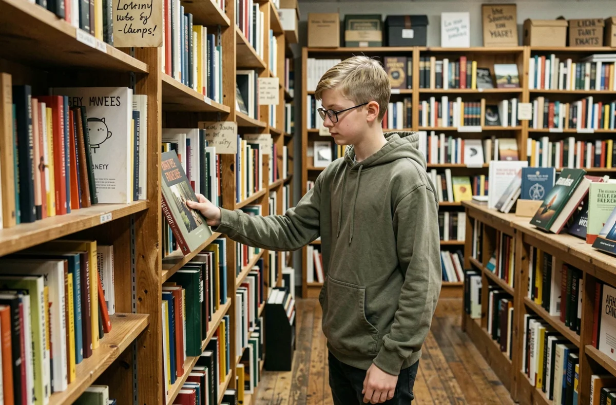 Jeune garçon explorant des livres dans une librairie indépendante, cadeau idéal pour ados lecteurs