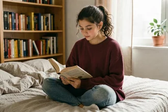 Adolescente lisant un roman sur son lit, idée cadeau pour les jeunes passionnés de lecture