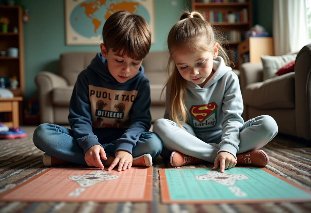 Adolescents comparant deux jeux Trivial Pursuit dans le salon