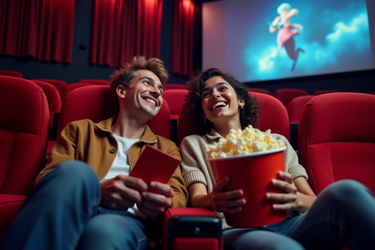 Deux amis partageant popcorn dans une salle de cinema lumineuse