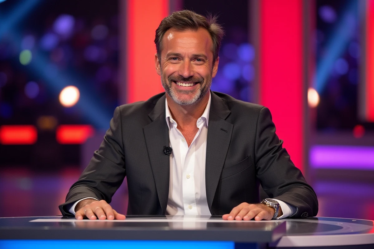 Présentateur de jeu télévisé souriant assis derrière un bureau de plateau, portrait éditorial en studio de télévision