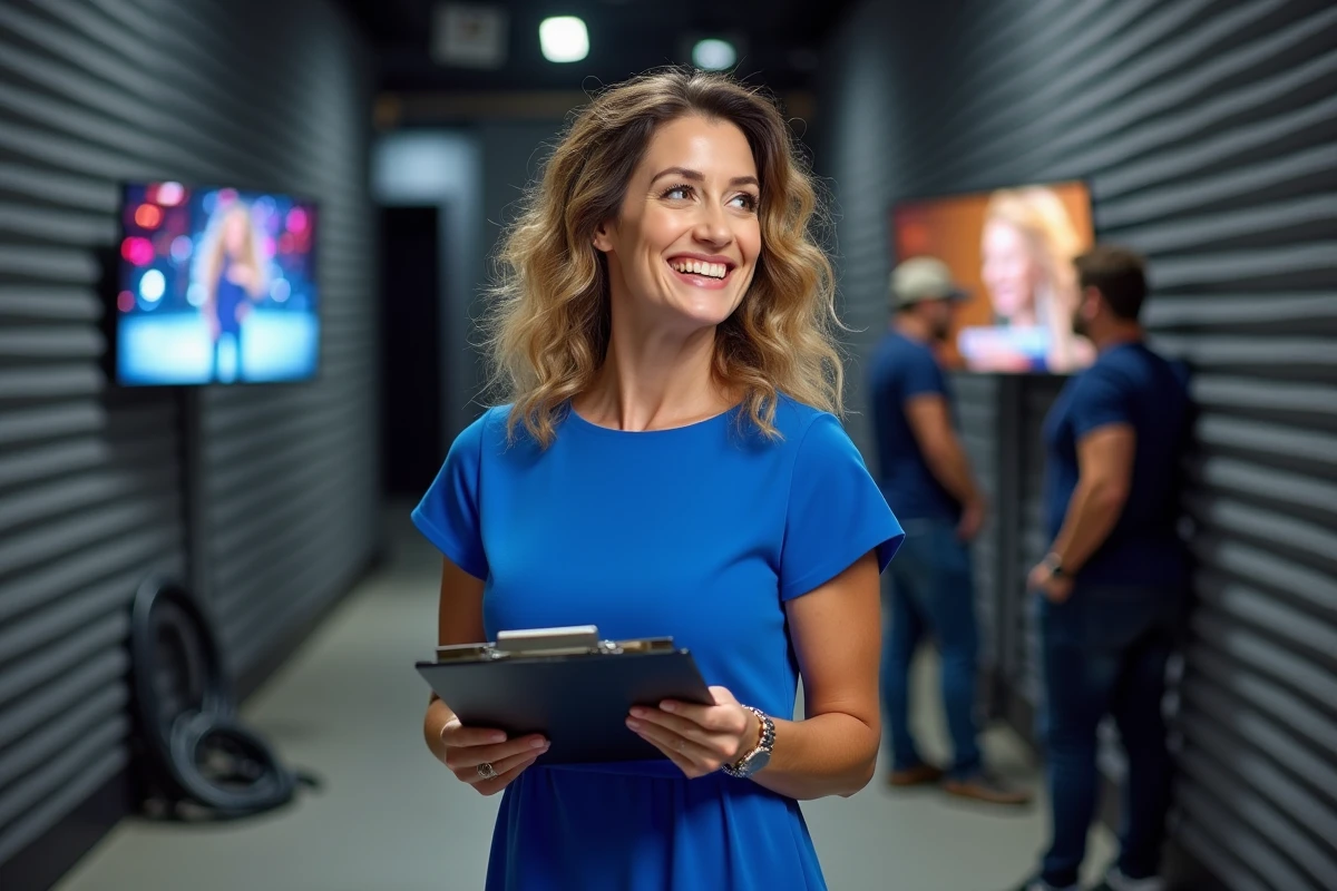 Animatrice de télévision en coulisses d'un plateau de jeu musical tenant un clipboard avant l'enregistrement