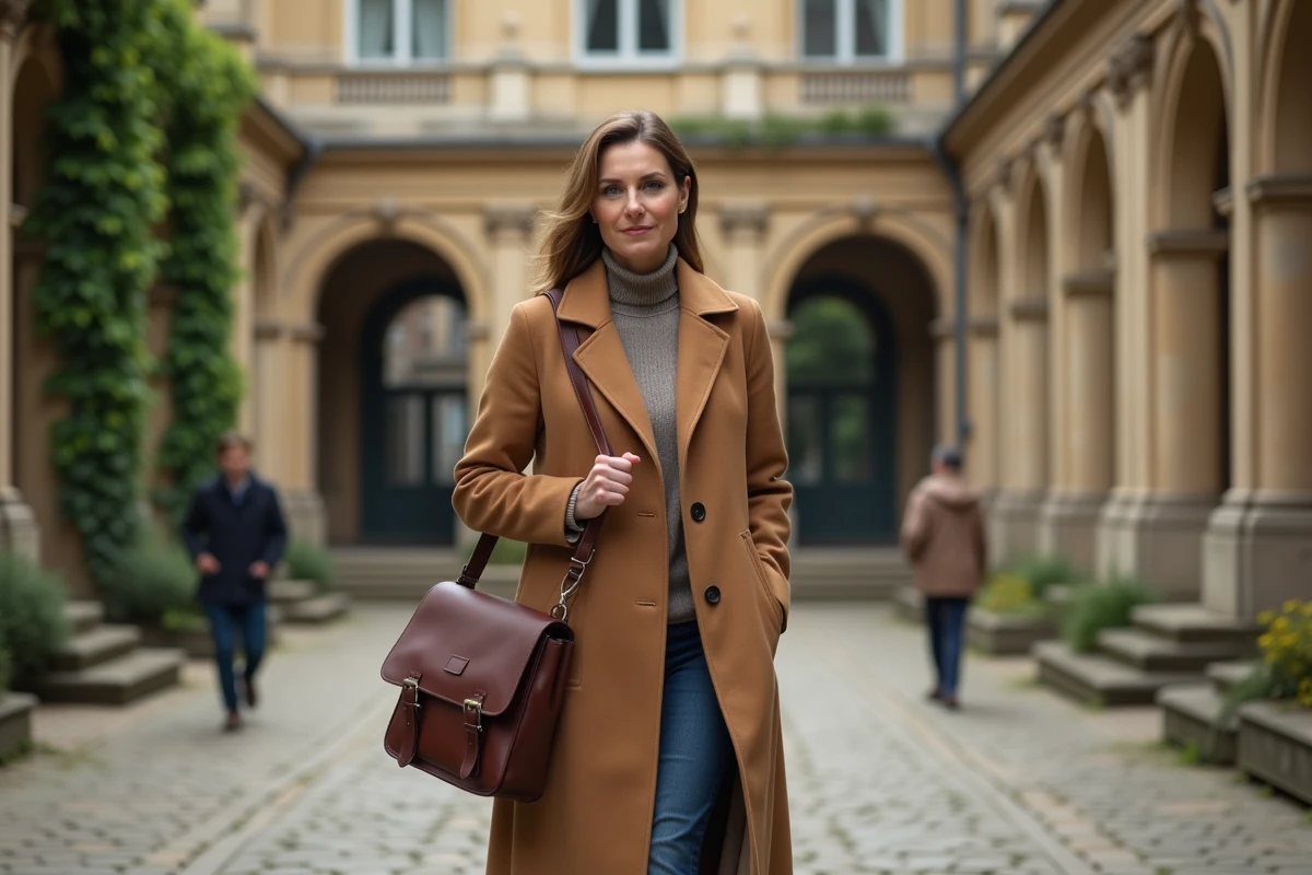 Femme économiste traversant la cour d'une université française historique, évoquant un parcours académique et des origines intellectuelles sans sensationnalisme