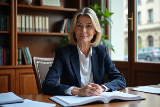 Femme économiste professionnelle assise à son bureau parisien entourée de livres et de rapports économiques, portrait biographique sobre et réaliste