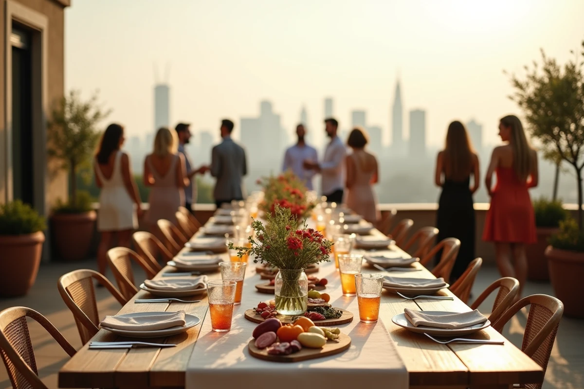 Fête d'anniversaire adulte en plein air sur un rooftop avec table dressée et vue panoramique sur la ville