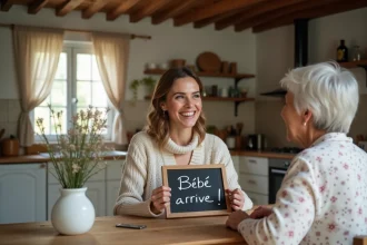 Jeune femme annonçant sa grossesse à ses grands-parents avec un tableau ardoise dans une cuisine rustique familiale