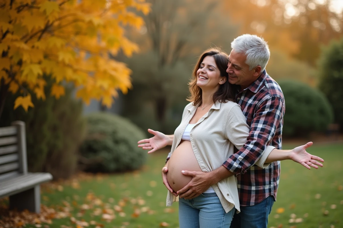 Femme enceinte annonçant sa grossesse à ses parents dans un jardin en automne avec une étreinte émouvante