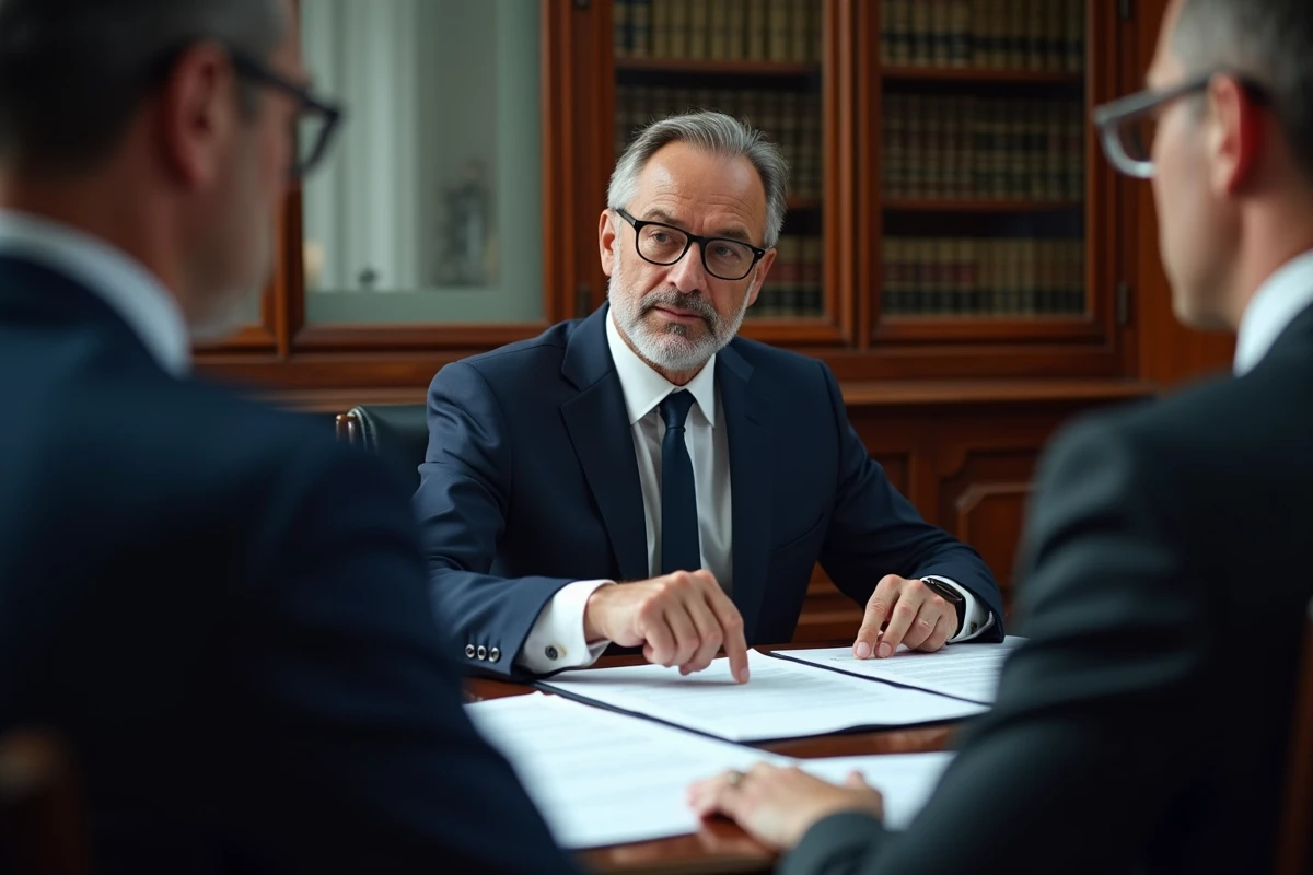 Avocat en cabinet expliquant des documents juridiques de divorce à un client