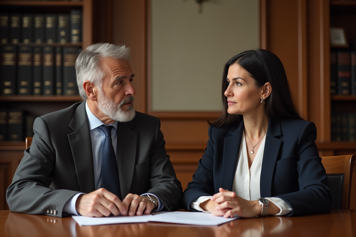 Un homme et une femme en costume dans une salle d'audience