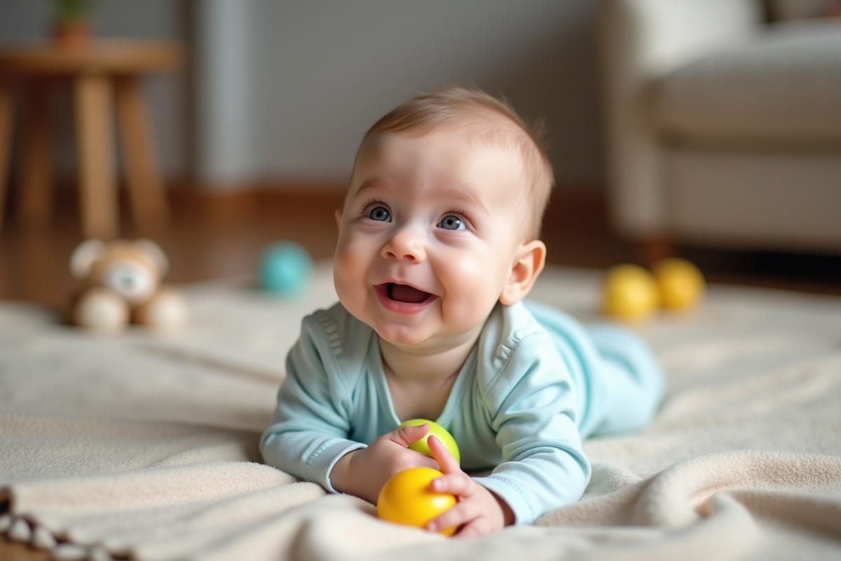 Bébé de 4 mois souriant sur une couverture beige