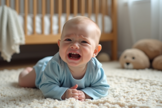 Bébé garçon de 5 mois en body bleu clair sur tapis beige