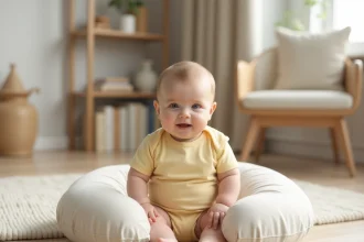 Bébé assis soutenu par un coussin d'allaitement en forme de U sur un parquet en bois clair dans un salon scandinave