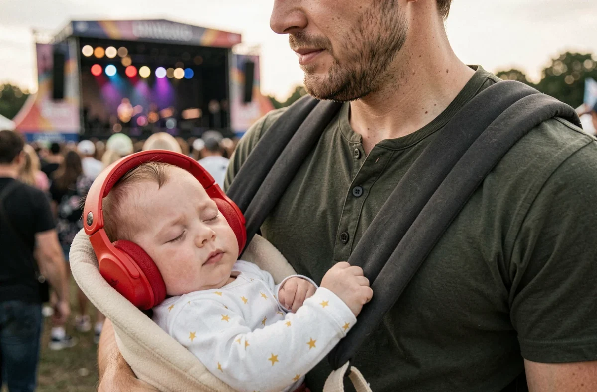 Bébé endormi portant un casque anti bruit rouge dans un porte-bébé lors d'un festival de musique en plein air
