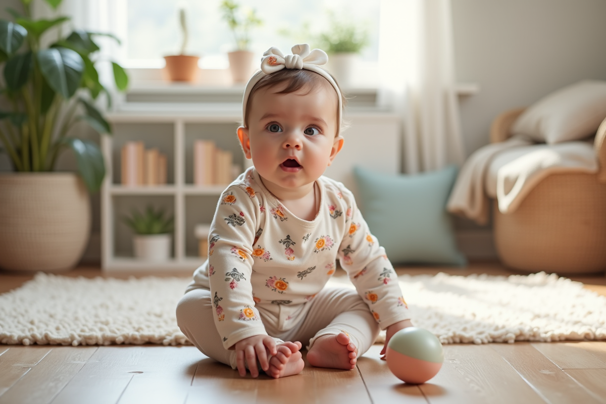 Bebe curieuse assise avec jouet pastel dans une nurserie lumineuse
