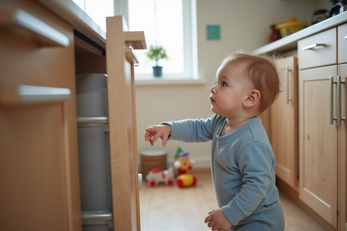 Bébé curieux explorant une porte de cuisine sécurisée