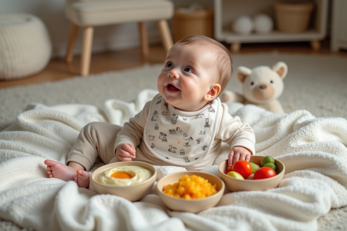 Bebe garçon allongé sur une couverture avec des plats de purée