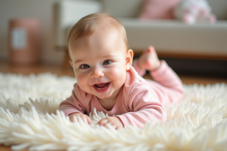 Bebe souriante sur un tapis crème dans un salon chaleureux