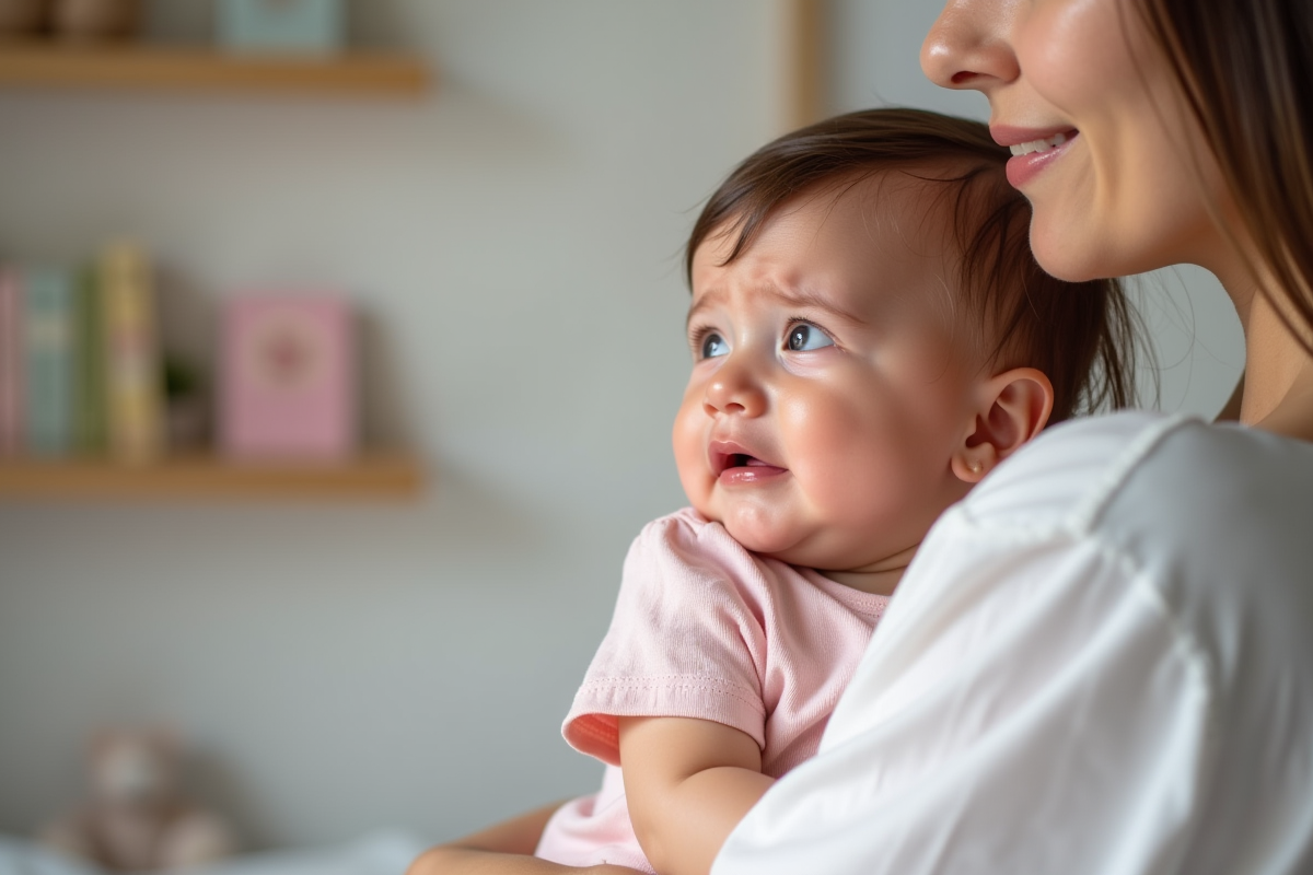 Bébé fille de 5 mois contre sa mère dans une nurserie douce