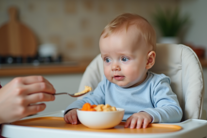 Bébé de 4 mois mangeant des carottes dans une chaise haute
