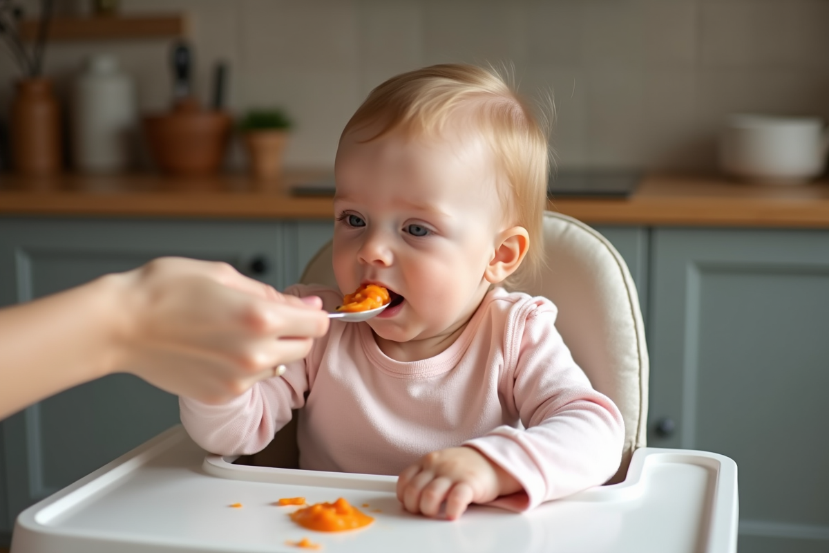 Bebe fille de 4 mois dans une chaise haute en train de goûter des carottes