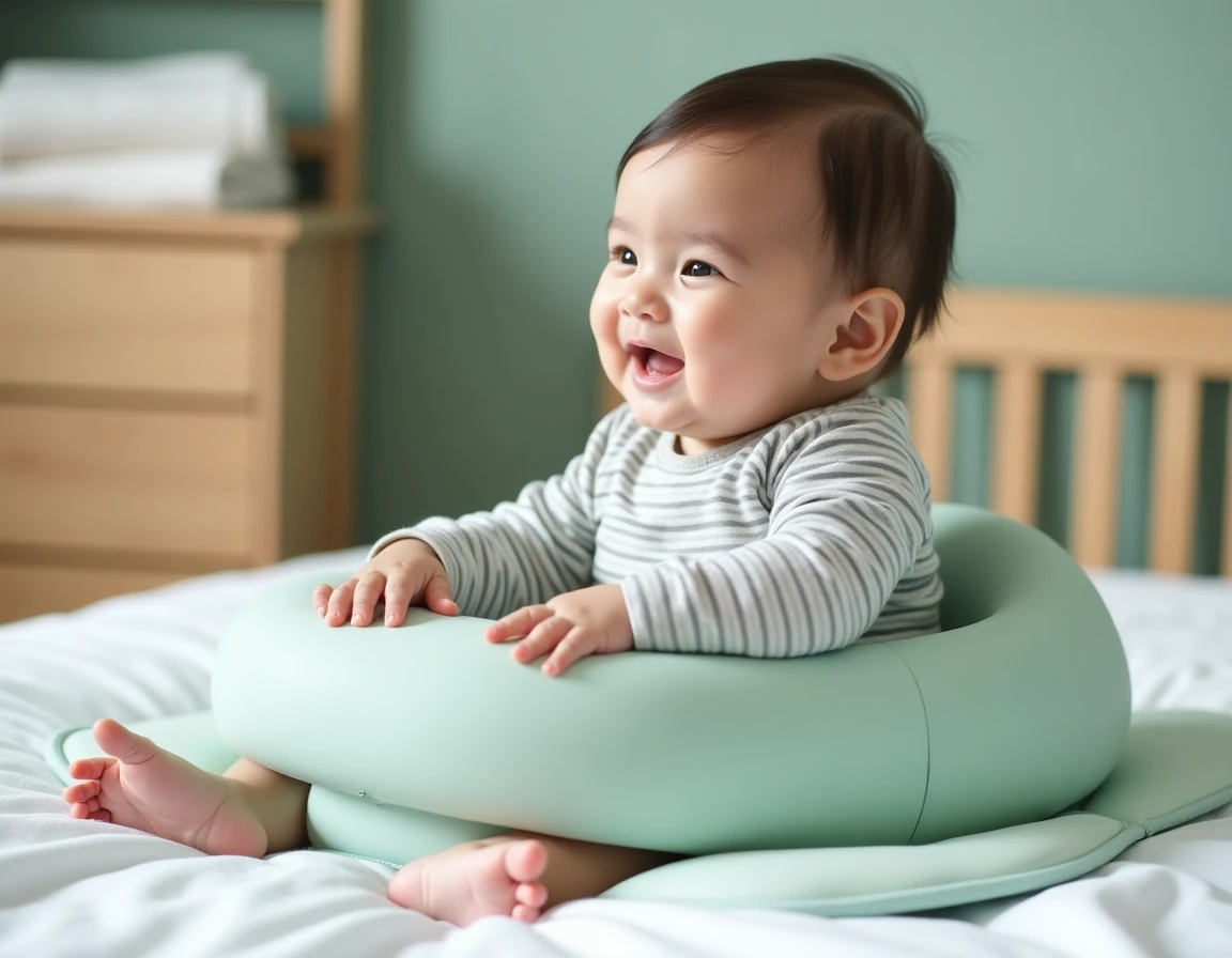 Bébé installé dans un siège ergonomique bébé posé sur un lit dans une chambre de bébé moderne aux murs verts sauge