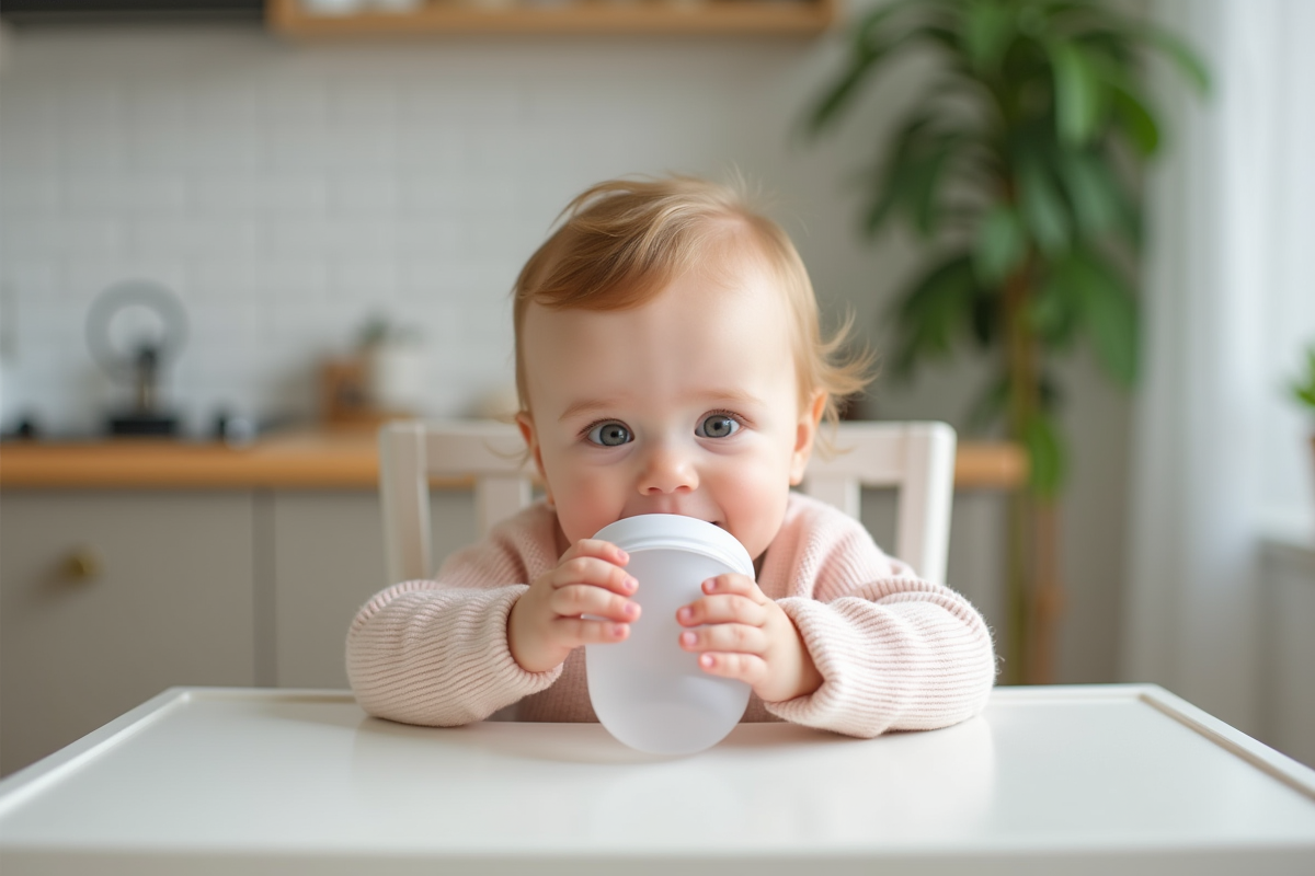 Bébé fille de 9 mois buvant dans une tasse en cuisine