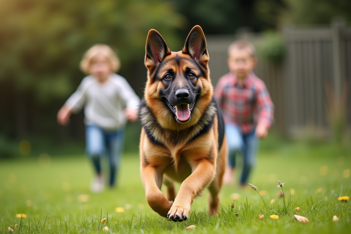 Berger allemand jouant avec des enfants dans le jardin