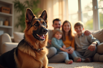 Chien berger allemand assis près d'une famille dans le salon