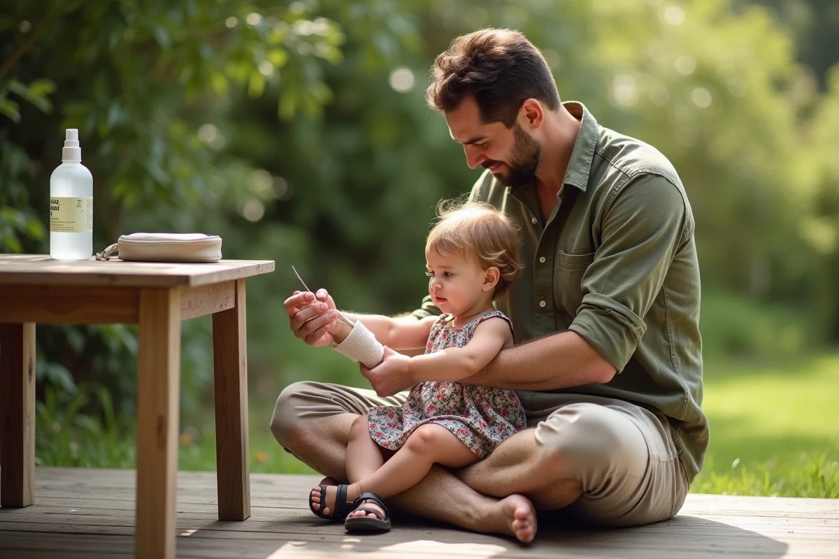 Papa attachant un bracelet répulsif anti-moustique sûr au poignet d'un tout-petit dans un jardin verdoyant