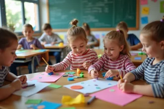 Élèves de primaire réalisant des cartes de fête des mères en classe avec du papier coloré et de la colle