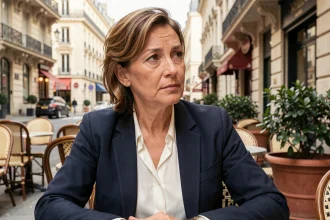 Femme élégante assise en terrasse de café parisien, regard discret et posture soignée, illustrant la vie publique d'une personnalité médiatique