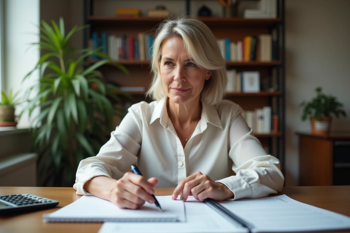 Femme calculant un tarif de garde à domicile avec des notes et une calculatrice sur un bureau