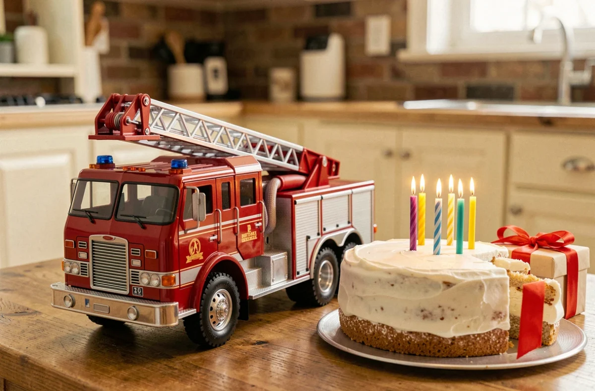 Camion de pompier jouet rouge en métal posé sur une table d'anniversaire avec gâteau et cadeau emballé dans une cuisine