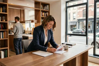 Femme cadre professionnelle travaillant à son bureau pendant que son mari s'occupe des tâches domestiques en arrière-plan