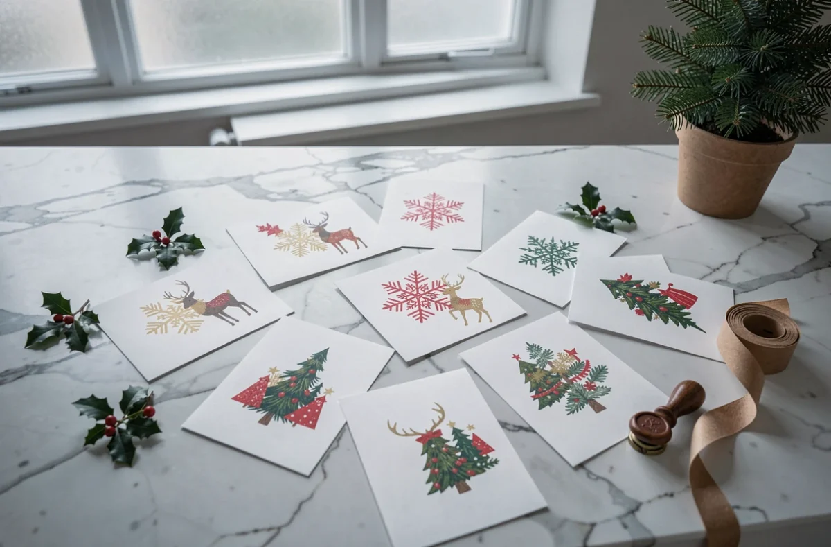 Assortiment de cartes de Noël imprimées disposées en flat lay sur marbre blanc avec décorations festives