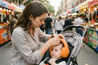 Mère plaçant un casque anti bruit orange sur la tête de son bébé en poussette lors d'un événement extérieur animé