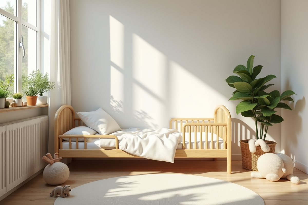 Nursery avec lit Montessori et décor minimaliste apaisant