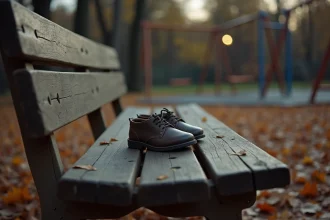 Chaussures d'enfant abandonnées sur un banc de parc en automne, symbole de deuil et d'enfance perdue