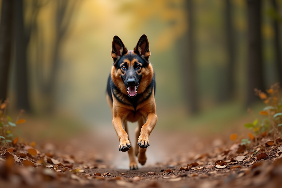 Chien belge shepherd courant sur un sentier forestier