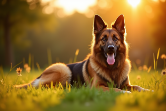 Chien belge shepherd assis dans un parc ensoleille