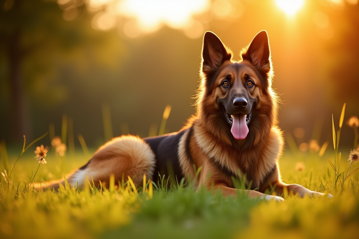 Chien belge shepherd assis dans un parc ensoleille
