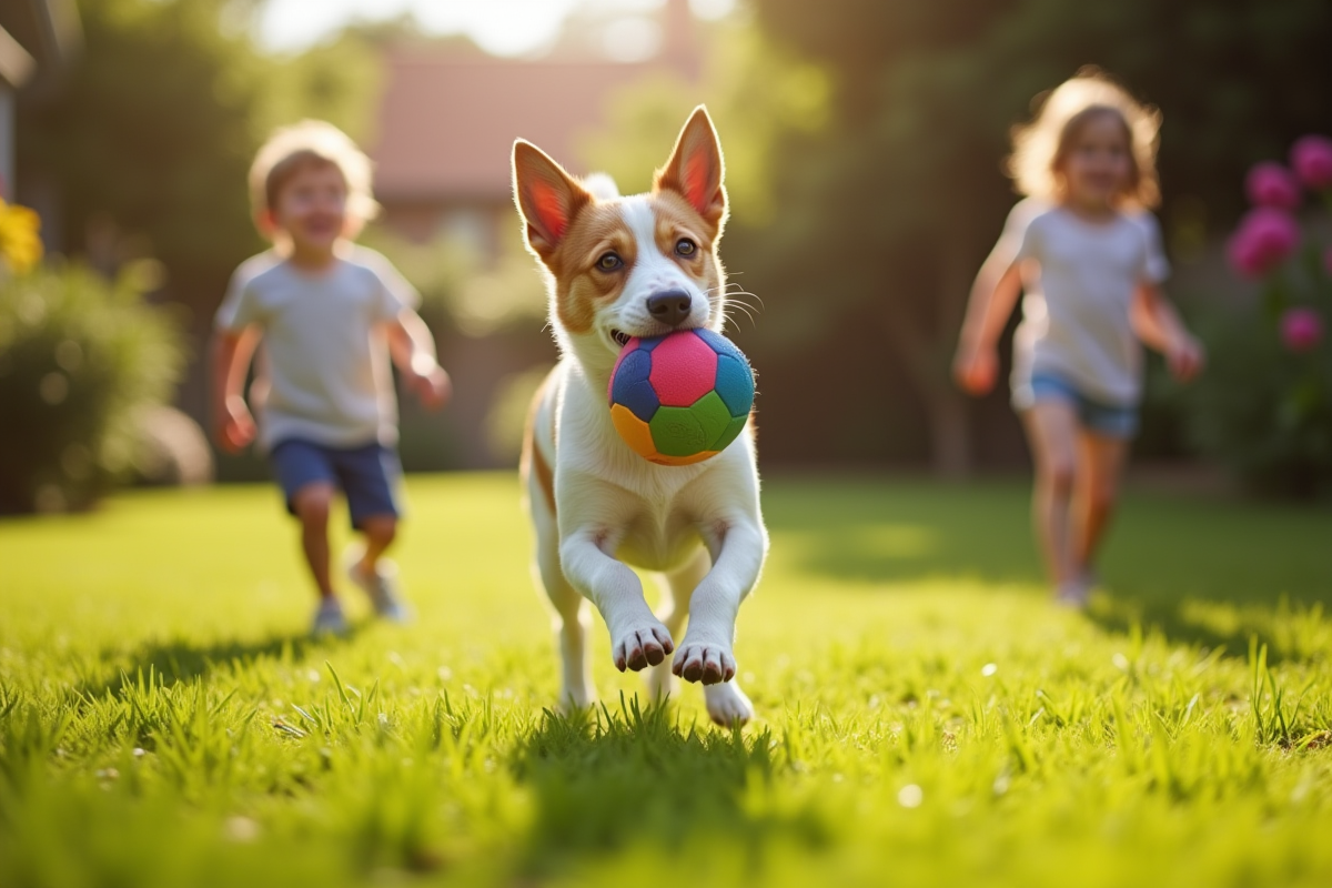 Chiot Fox Terrier courant dans un jardin ensoleille avec enfants