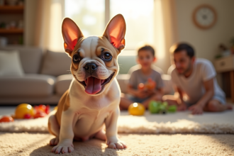 Chiot bulldog français dans un salon lumineux et cosy
