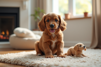 Chiot cocker spaniel heureux sur un tapis de salon lumineux
