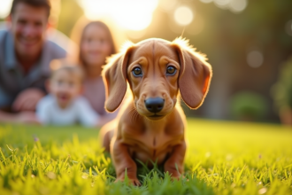 Chiot dachshund jouant dans le jardin en famille